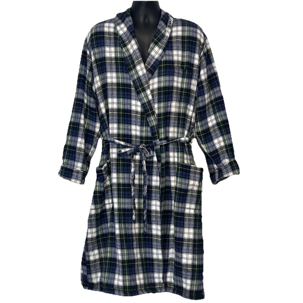 LL Bean Plaid Flannel Robe Sherpa Lined Belted Cabincore Lounge Grandpa Large